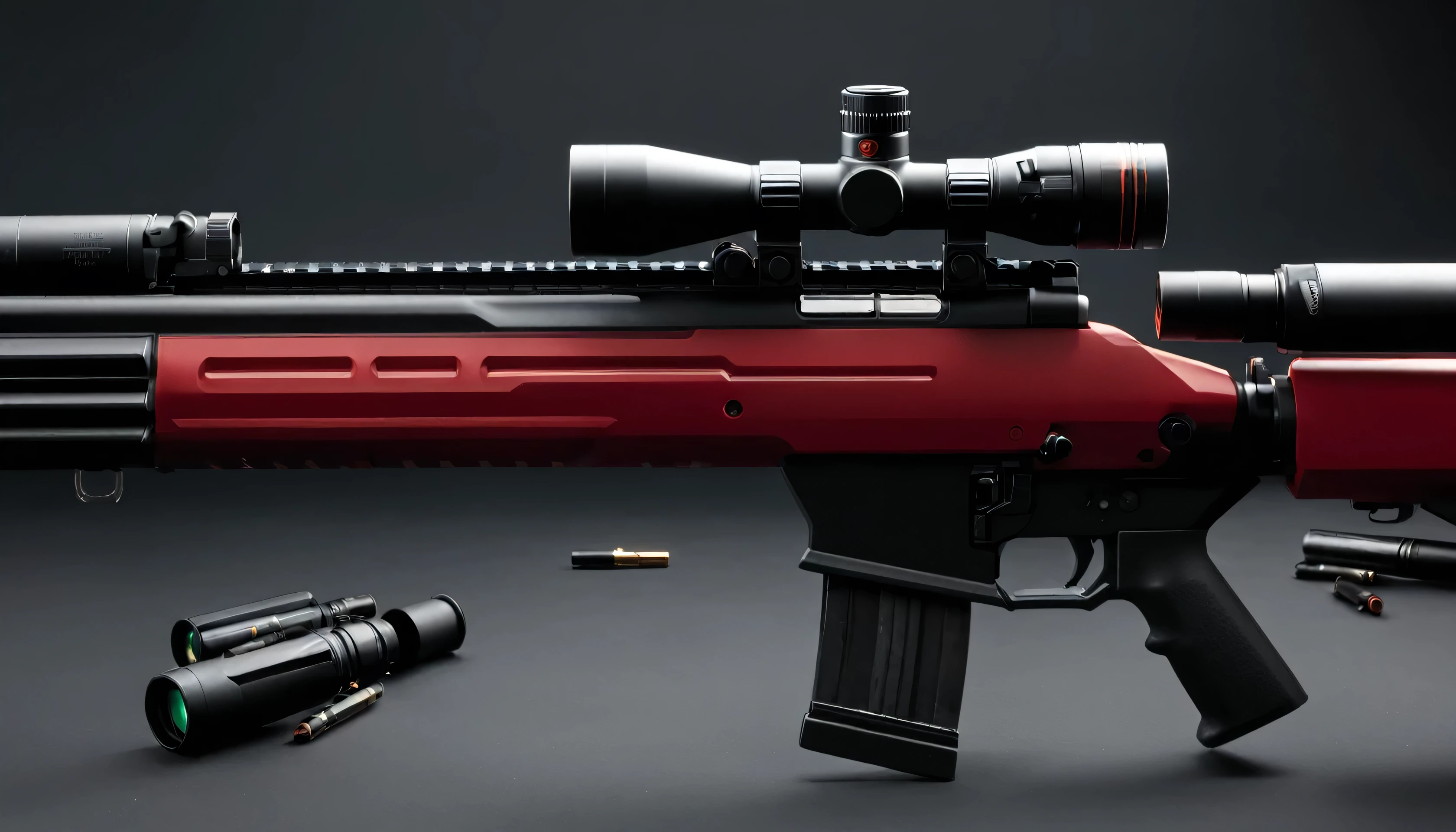 A sniper rifle, red on the top, and black on the bottom, with black oxygen tubes on the ammunition part