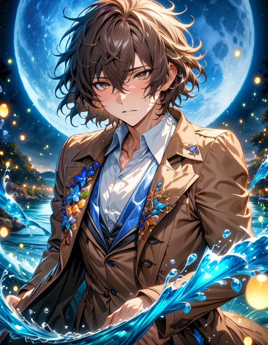 absurdres, highres, ultra detailed, HDR, master piece, best quality, Dazai Osamu, dark brown hair, wavy hair, short hair, expressive brown eyes, Bungou Stray Dogs, solo, sexy man, handsome, brown coat, white shirt, magical, fantasy, water, blue moon, starry, blue fireflies, blue flowers