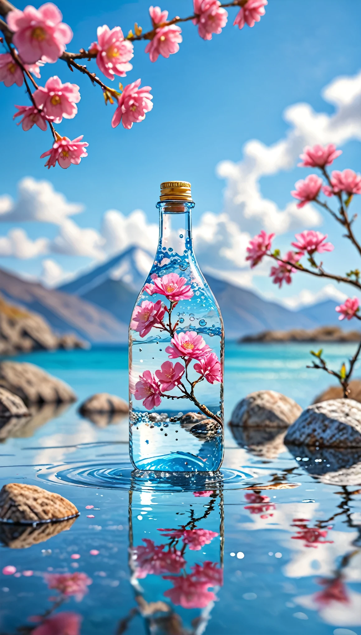 Outdoor, bottle, water, without humans, still life, blurry, bubble, scenery, water drop, ocean, day, sky, blue sky, cloud, blurry background, depth of field, reflection, solo, rock, motion blur, mountain,pink flowers, branch, ice