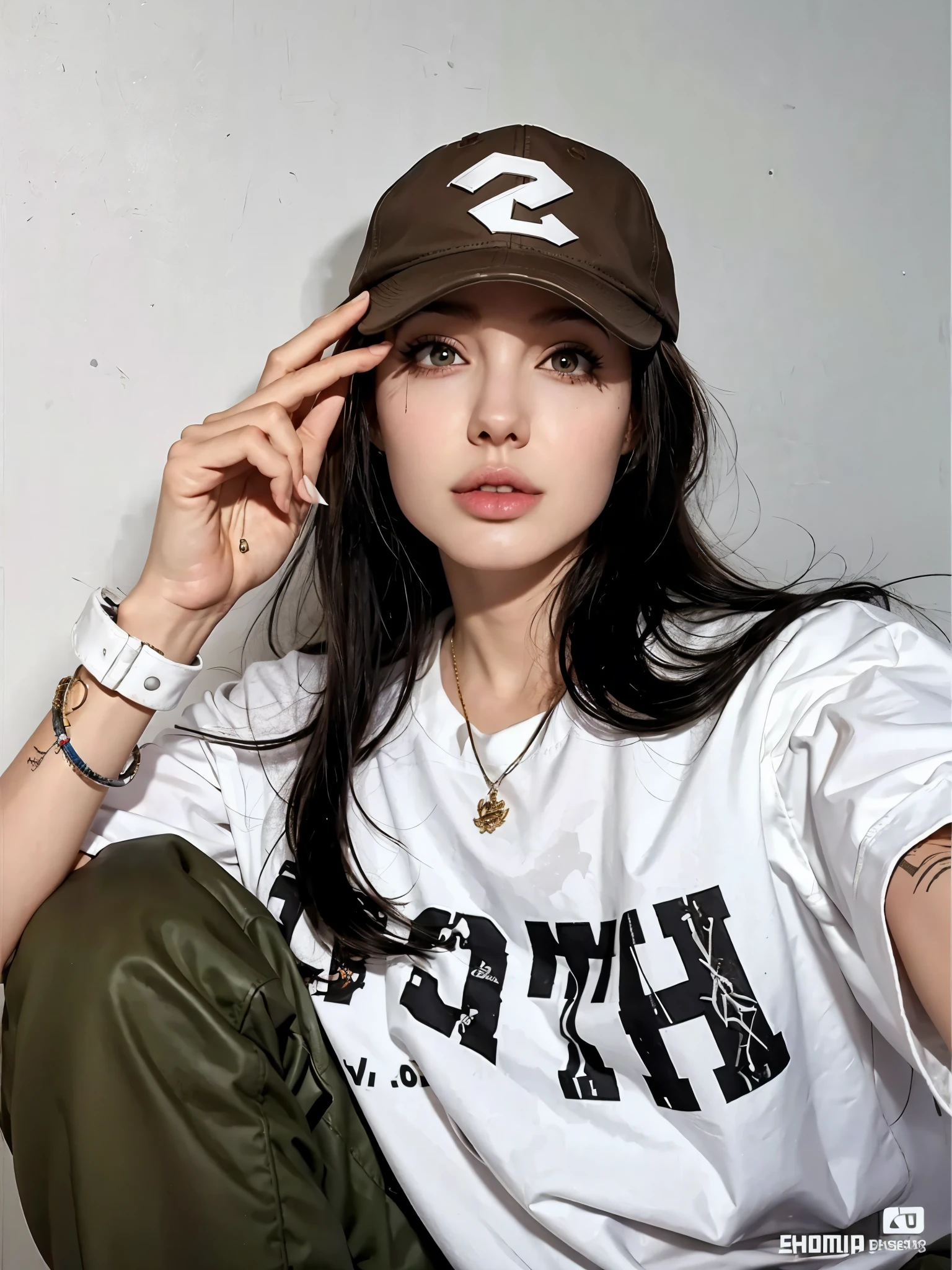 araffe woman with a hat and a white shirt sitting on a chair, artwork in the style of guweiz, ulzzang, guweiz, realism artstyle, zmonzheng, ig model | artgerm, trending on artstration, photorealistic!!!!!!! art style, she is wearing streetwear, realistic anime 3 d style, 🤤 girl portrait, high resolution, high quality, 8K