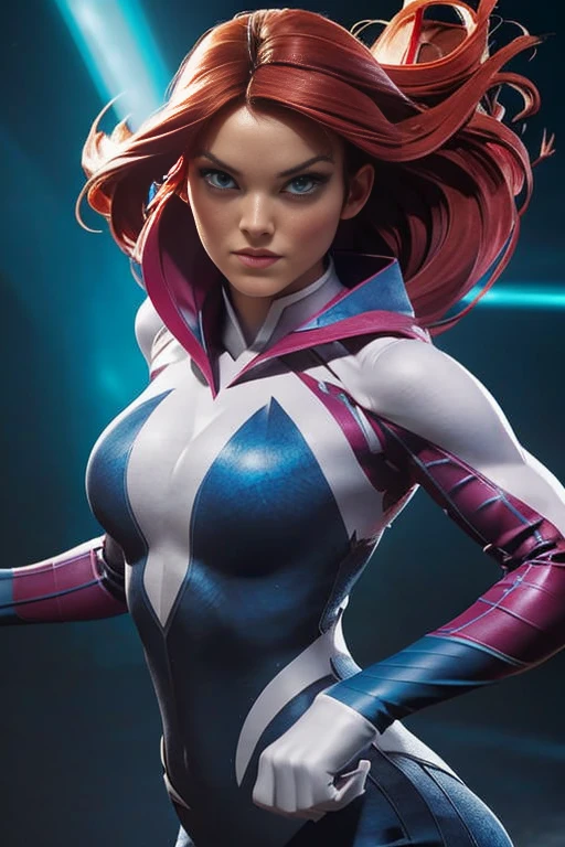 (Jean Grey), Xmen 97, a beautiful woman with long red hair, detailed face, piercing green eyes, wearing a blue and yellow costume, x-men 97 style, dynamic pose, muscular body, cosmic powers, dramatic lighting, cinematic composition, photorealistic, award winning digital art