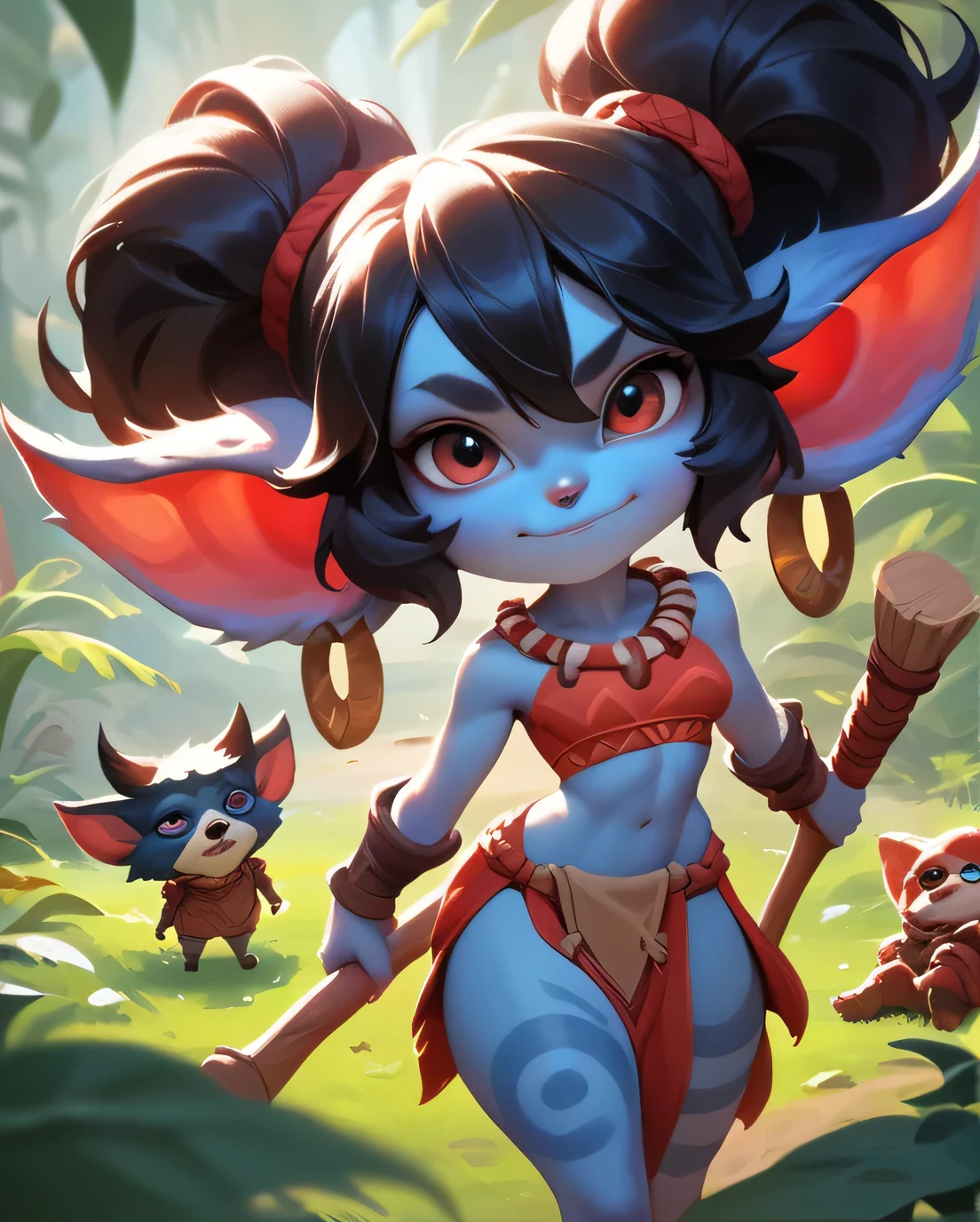 score_9, score_8_up, score_7_up, score_6_up, score_5_up, score_4_up, red yordle female, a dubious little creature getting up to mischief,cute,pretty,attrative,seminua,***rdles,slender,thin,black hair,tribal outfit