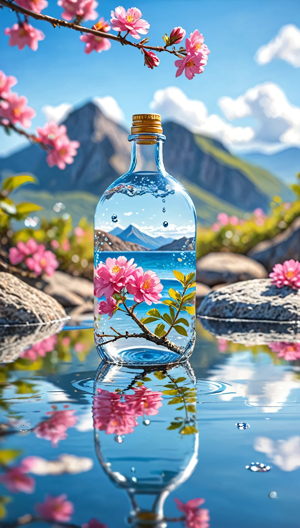 Outdoor, bottle, water, without humans, still life, blurry, bubble, scenery, water drop, ocean, day, sky, blue sky, cloud, blurry background, depth of field, reflection, solo, rock, motion blur, mountain,pink flowers, branch, ice