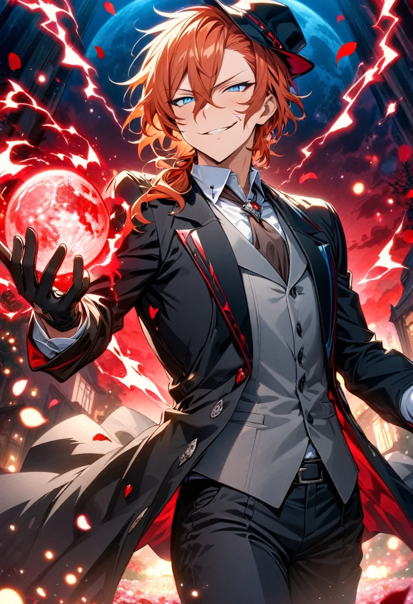 Ultra detailed, highres, absurdres, HDR, master piece, Nakahara Chuuya, orange hair, expressive blue eyes, Bungou Stray Dogs, fantasy, petals, red flowers, handsome, sexy man, solo, magic, shining red fireflies, red moon, best quality, extremely detailed face and eyes, red lightning, black coat, grey vest, black gloves, black hat, black pants, smirking
