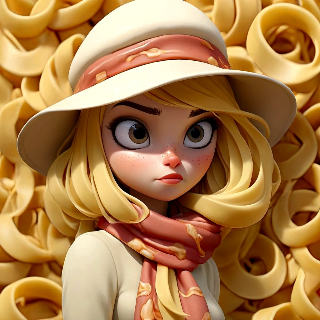 feminine girl, pale yellow hair, dress like pasta, hat that looks like an egg, bacon pattern scarf, Flying carbonara background