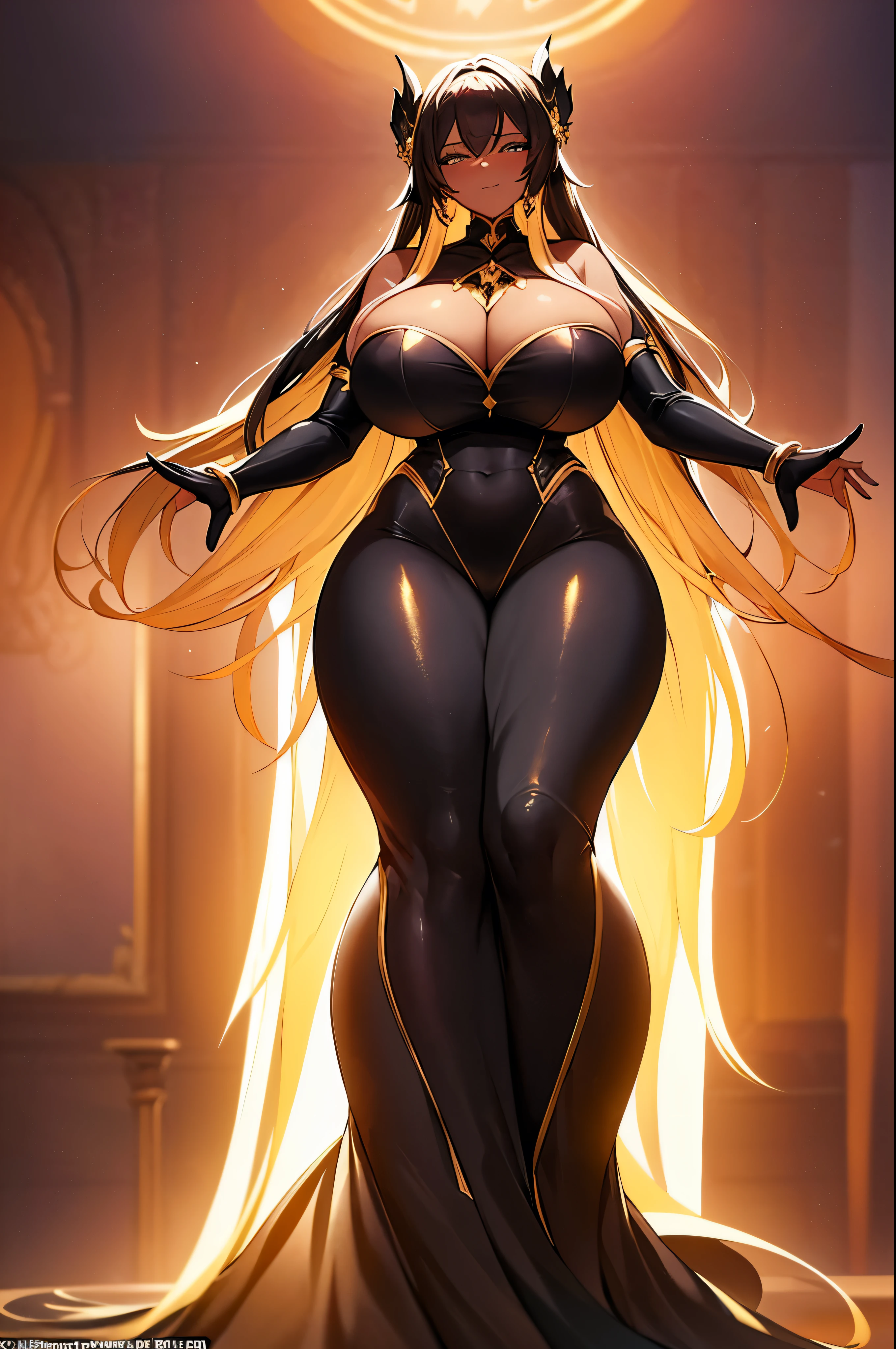 Content: A gigantic, black goddess with massive breasts and a huge ass, wearing a revealing black dress with gold linings. She has golden hair and a seductive smirk. An absolute bombshell of fertility
Style: Inspired by fantasy art, anime-style character design, and goddess-themed illustrations.
Lighting: Soft, ambient lighting to highlight her figure and golden hair, with dramatic shadows to enhance her curves and the seductive atmosphere.
Colors: Predominantly black and gold for her dress, with the contrast of her black skin and golden hair. Warm, glowing tones to emphasize her divine and seductive nature.
Composition: Full body shot, her massive proportions emphasized to convey her status as the goddess of love. She stands in a powerful, confident pose, her curves and assets prominently displayed. The background features a celestial, heavenly setting with soft, glowing light and subtle golden accents.
Note: Emphasize her mature, seductive nature and the divine beauty befitting a goddess of love.