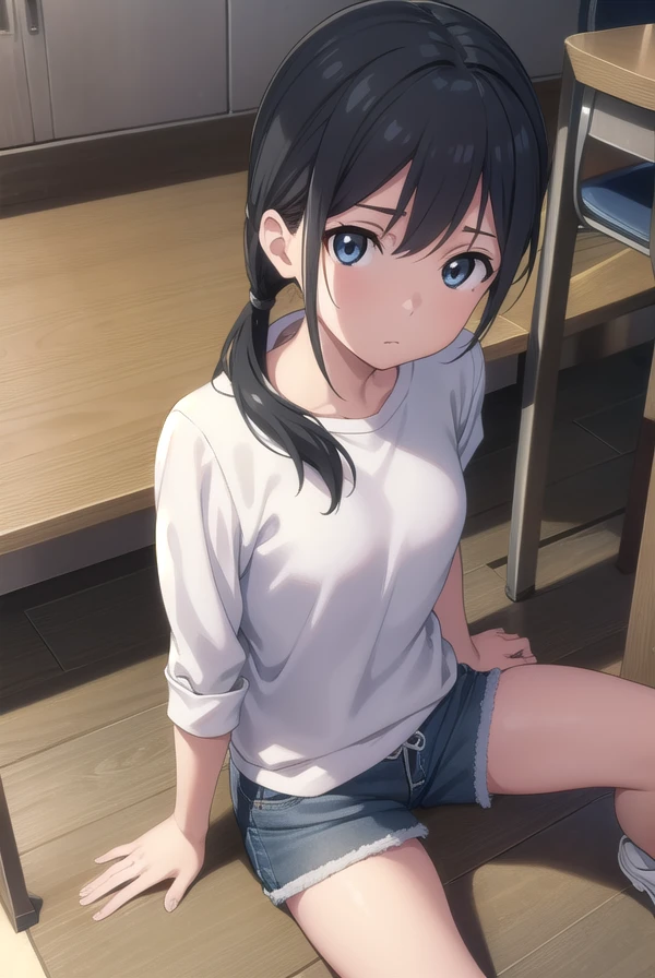 gray, Hina Amano, Black Hair, blue eyes, Long Hair, low Twin tails, Twin tails, (Small breasts:1.2),
break boots, Food, Food down, Fooded Best, Foodie, Rubber boots, short Shorts, Shorts, No sleeve, Best, White footwear, white Best,
break looking at viewer,
break indoors, classroom,
break (masterpiece:1.2), highest quality, High resolution, unity 8k wallpaper, (figure:0.8), (Beautiful fine details:1.6), Highly detailed face, Perfect lighting, Highly detailed CG, (Perfect hands, Perfect Anatomy),tits　Clothes get torn　feel