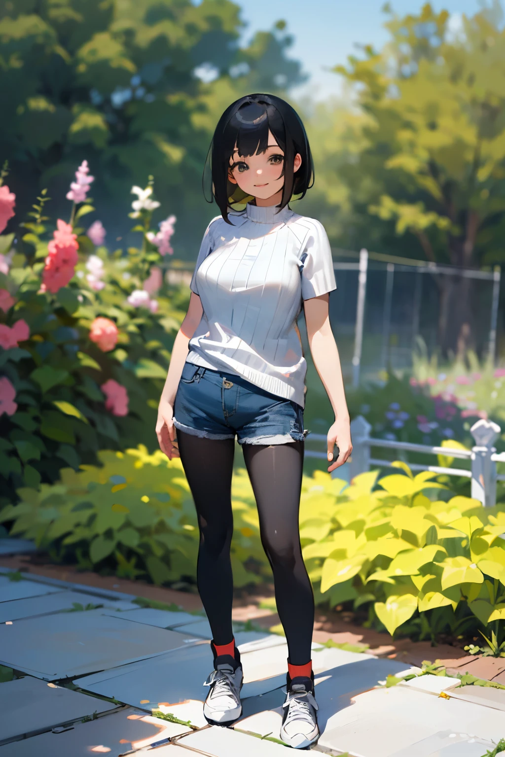 (high quality, High resolution, Very detailed, reality:1.37), Peaceful atmosphere, (Outdoor, garden), Teenage girl standing alone, (my breasts are big.), Beautiful details, Cute Smile, (Black bob hair), Short sleeve ribbed sweater, Denim shorts, Black tights, sneakers.