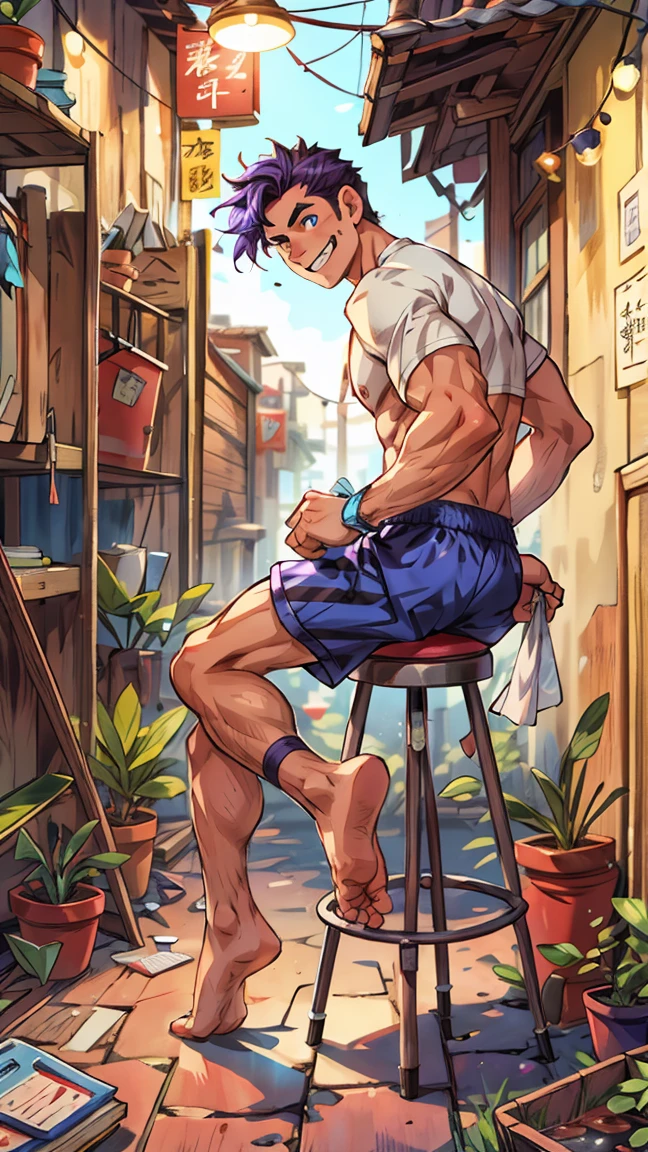 (masterpiece,best quality,H),1 person,boy,My face was red,Shy,(muscular),Exquisite eyes,nude,(nude),Wearing only striped shorts,blue eyes,Shirtless,(Full body),short blue-purple hair,(fluorescent lamp),(a color),((Blue Background)),坐在Low stool上,Low stool,Back against the wall,(Grinning),barefoot