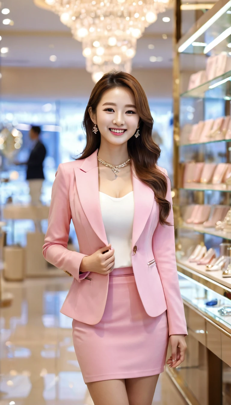 Full body of beautiful korean female, 34 inch breasts size, cheerful smile,wearing pink suit, and short skirt, in a luxury jewelry store,, bokeh background, UHD
