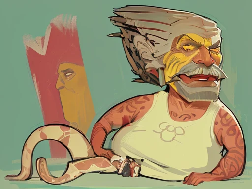 cartoon of a man with a beard and a mustache sitting on the ground, snake-face lady, an old lady with red skin, weird expressionist pose, inspired by Otto Dix, rasputin as grubhub character, digital drawing, digital illustration, drawn with photoshop, portrait 4 / 3, in the art style of quetzecoatl