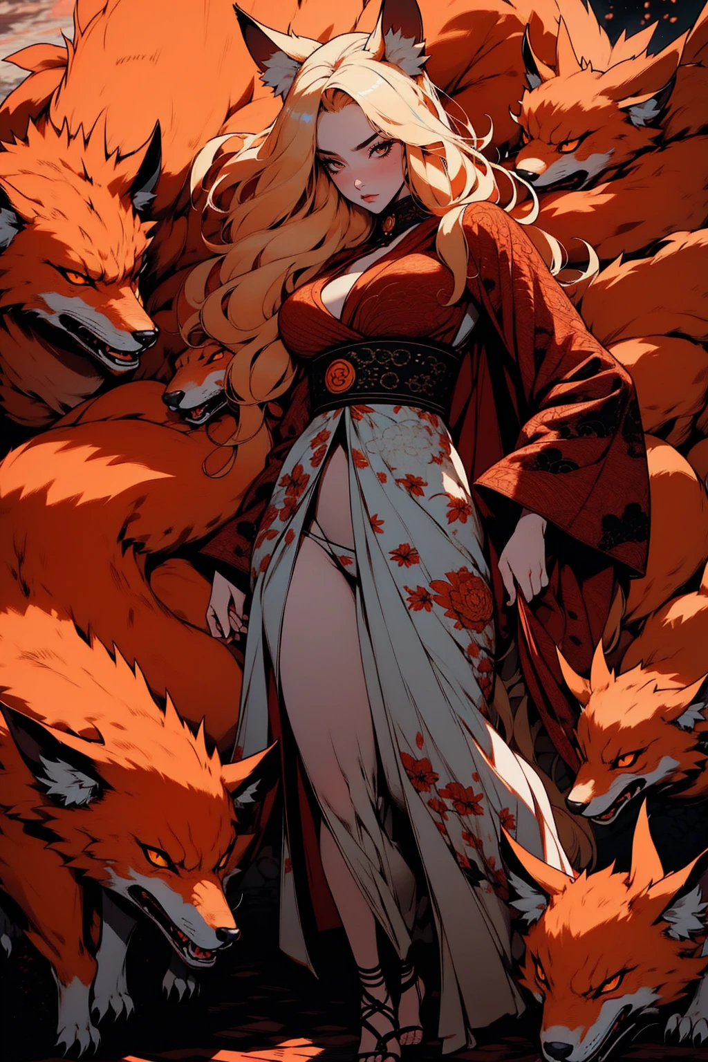 REALISTIC VISION 1.4, BETTER VAE,sharp focus, ultra detail, 32k,realistic photo, intricate details, kitsune, blond hair, (blond hair), orange eyes, intricate details ,woman, nine tails, intricate details,intricate details,big , Voluptuous body, intricate details, Miko, clothes long white dress with red details intricate details, tattoos intricate details, full body, with a orange nine tails fox , kiuubi (kurama, naruto), angry face, walking on the ground, on attack
