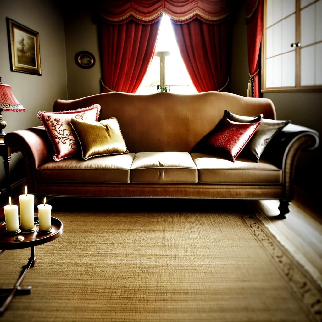 Photography, sofa, tea table, ( living room), curtains, waxy candles, decorations, wooden floor, carpet