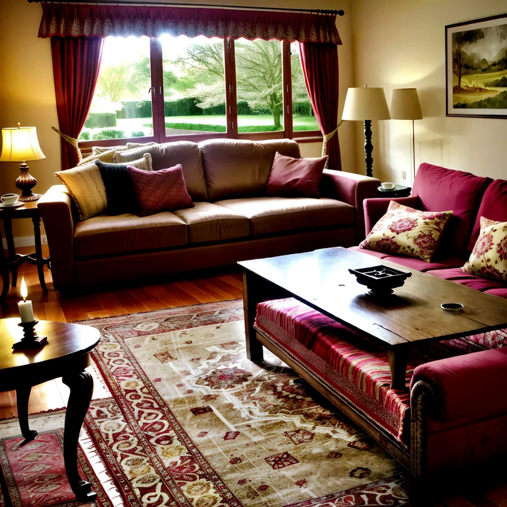 Photography, sofa, tea table, ( living room), curtains, waxy candles, decorations, wooden floor, carpet