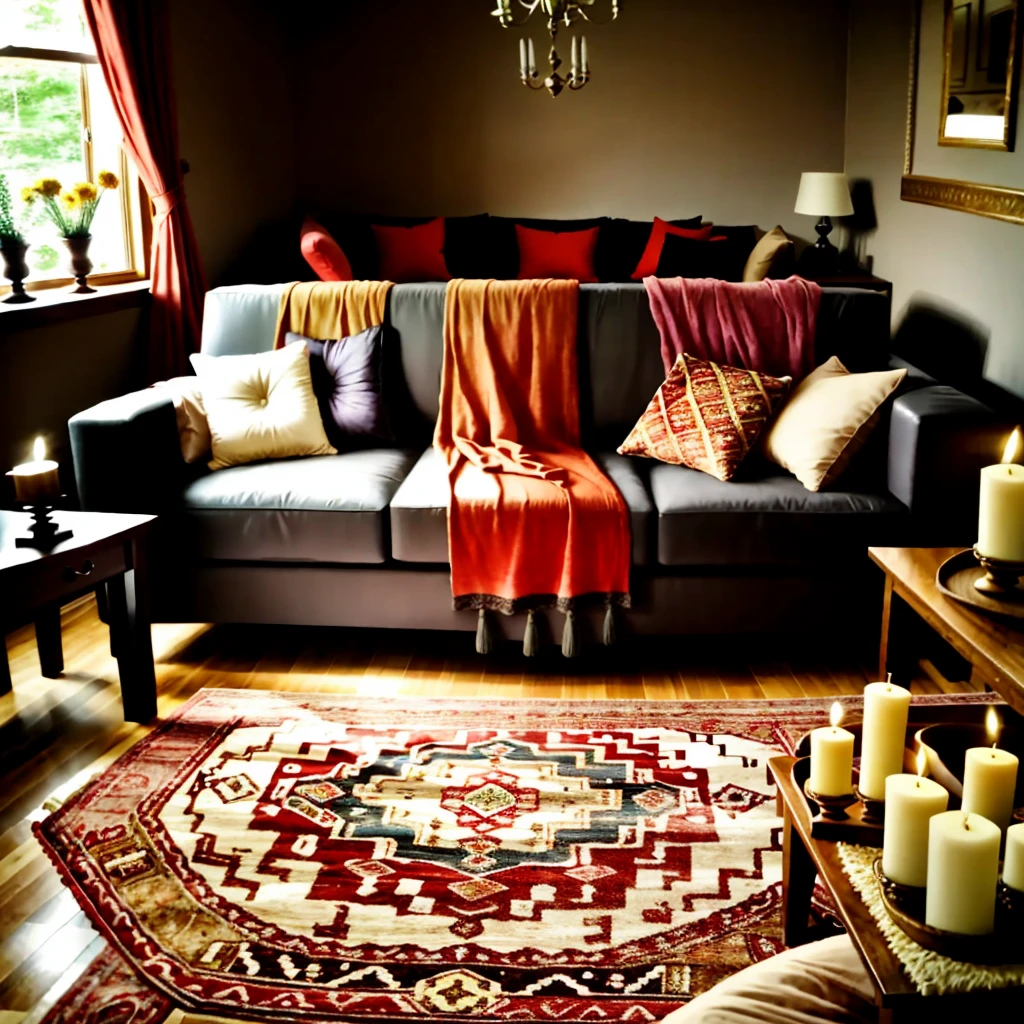 Photography, sofa, tea table, ( living room), curtains, waxy candles, decorations, wooden floor, carpet