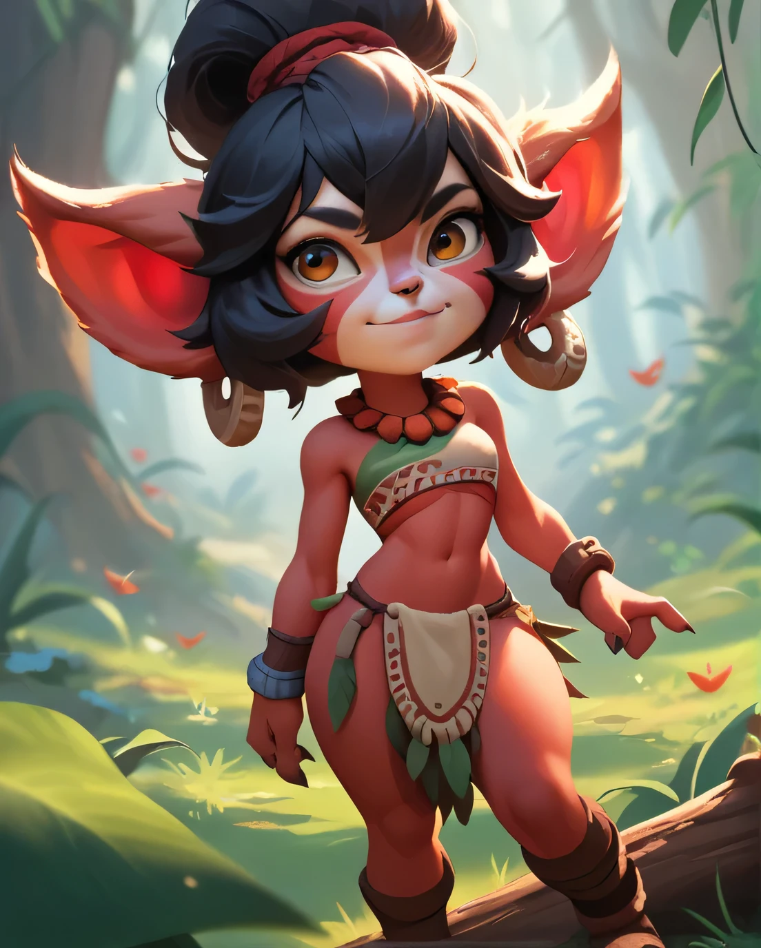 score_9, score_8_up, score_7_up, score_6_up, score_5_up, score_4_up, red yordle female, a dubious little creature getting up to mischief,cute,pretty,attrative,seminua,4yordles,slender,thin,black hair,tribal outfit,red body