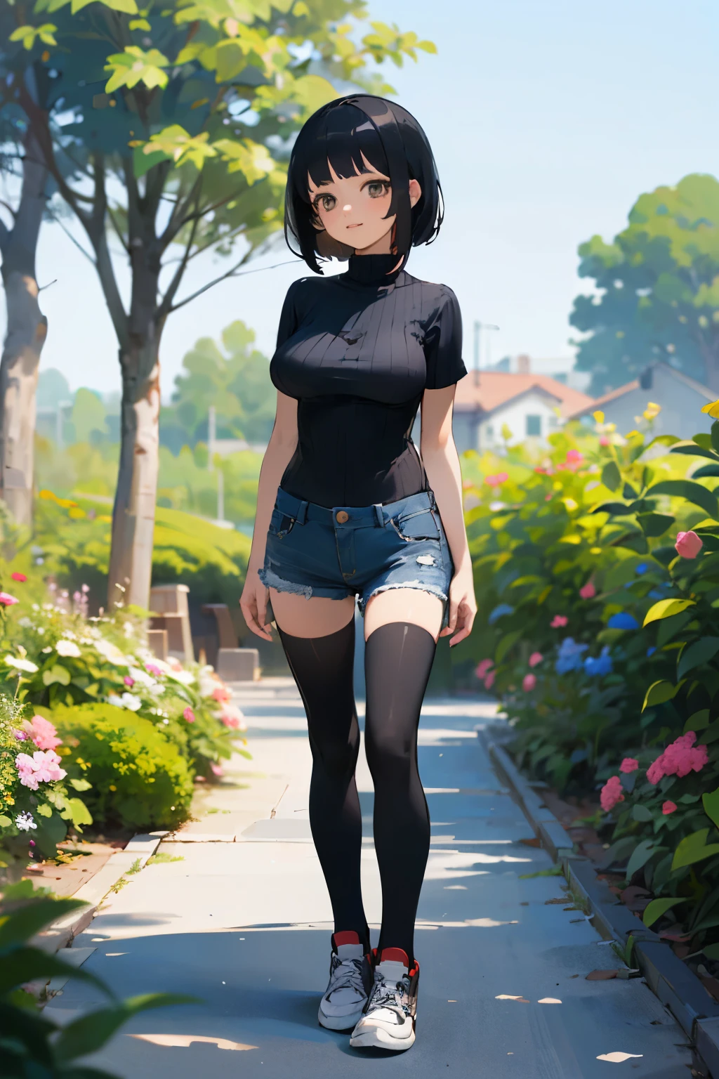 (high quality, High resolution, Very detailed, reality:1.37), Peaceful atmosphere, (Outdoor, garden), Teenage girl standing alone, (my breasts are big.), Beautiful details, Cute Smile, (Black bob hair), Short sleeve ribbed sweater, Denim shorts, Black tights, sneakers.
