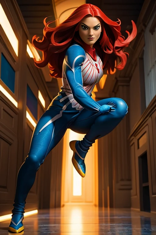 (Jean Grey), Xmen 97, a beautiful woman with long red hair, detailed face, piercing green eyes, wearing a blue and yellow costume, x-men 97 style, dynamic pose, muscular body, cosmic powers, dramatic lighting, cinematic composition, photorealistic, award winning digital art