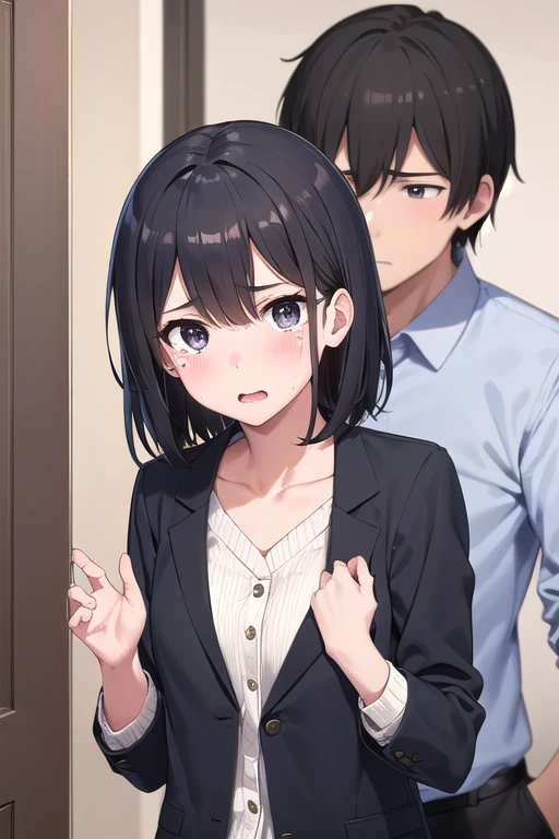 A cute girl with short black hair is touched by men A tearful expression of emotion Half-dressed