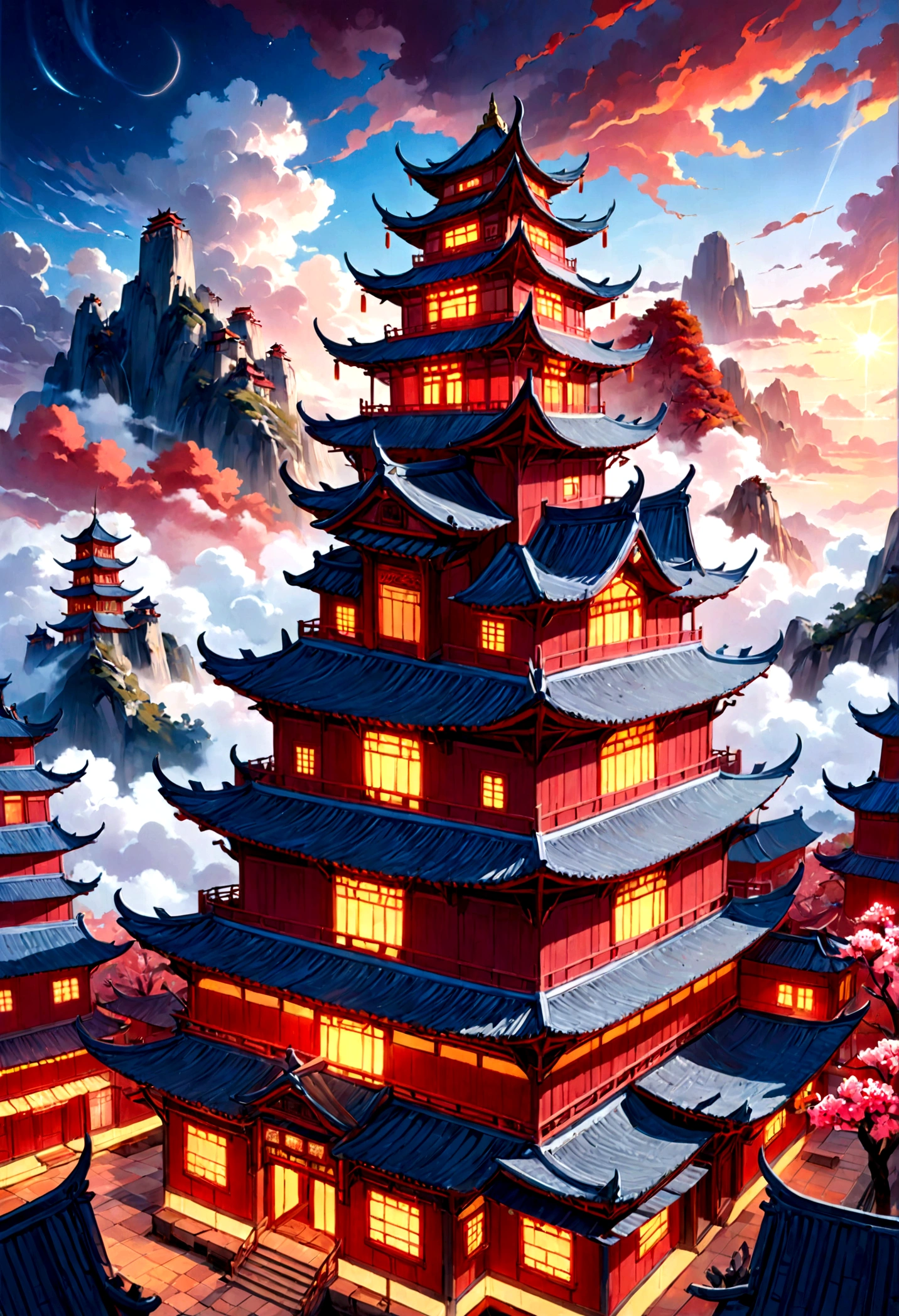 Building above the clouds(Ultra high definition:1.4)、(Fantasy、cyber punk、Ancient Chinese castles:1.3)、(Irregular red building:1.5)、(Floating in the clouds:1.2)、(Patchwork Cottage、Neon lighting、Floral decoration:1.4)、(Cityscape in the sky:1.1)、(Ross Tran、Inspired by Mikey Chan:1.2)、(Realistic lighting、Light Shaft、warm glow:1.3)、(masterpiece:1.2)、(high quality、Beautiful graphics、In one image