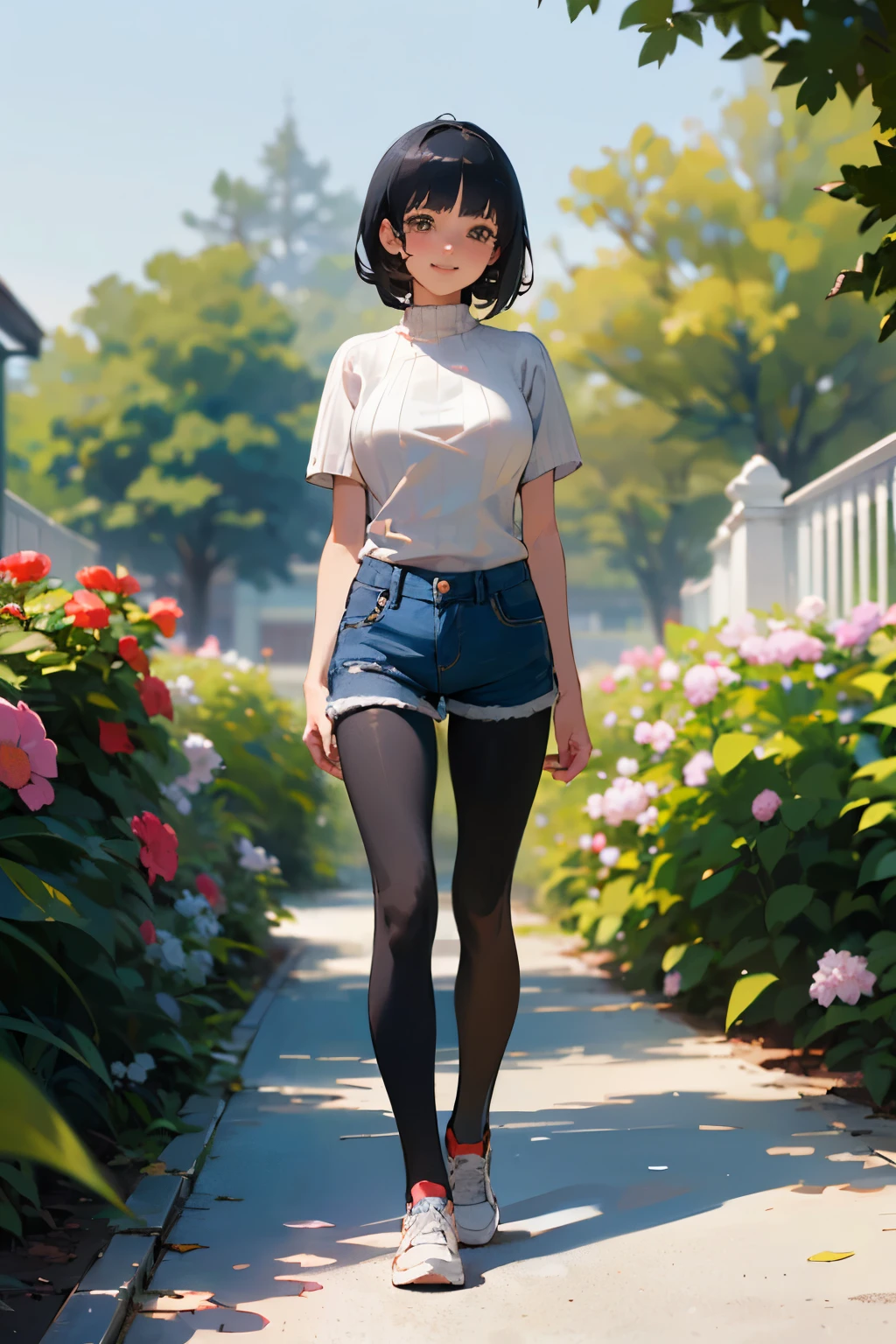 (high quality, High resolution, Very detailed, reality:1.37), Peaceful atmosphere, (Outdoor, garden), Teenage girl standing alone, (my breasts are big.), Beautiful details, Cute Smile, (Black bob hair), Short sleeve ribbed sweater, Denim shorts, Black tights, sneakers.