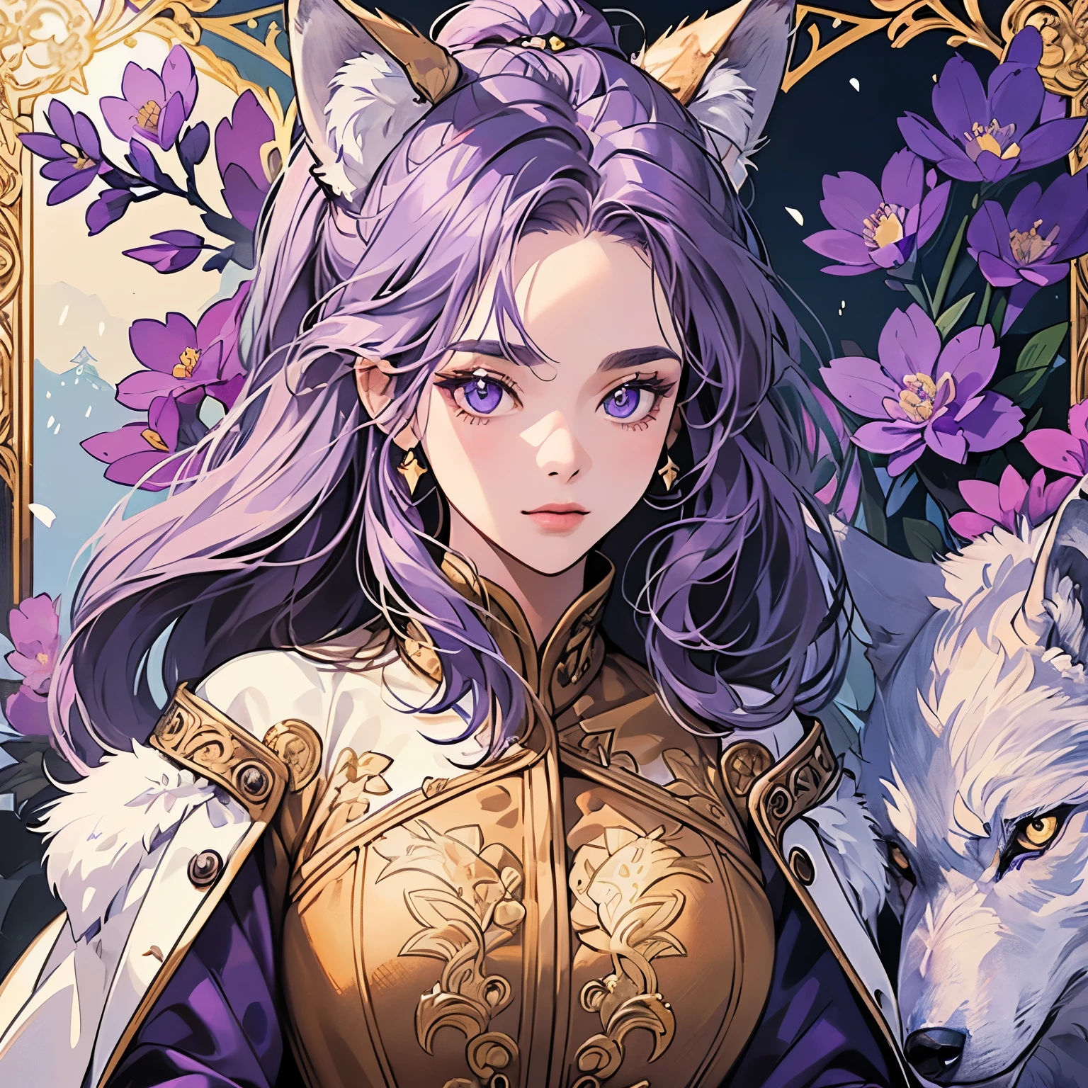 Best quality, 1 wolf, logo, background white only, emblem, 14k, intricate and detailed, frame, purple, (((1 woman and wolf))), detailed fur, sparkling eyes, corporate logo, golden, panoramic, long shot, front,  purple flowers, Upper body, looking at viewer, Very detailed hair