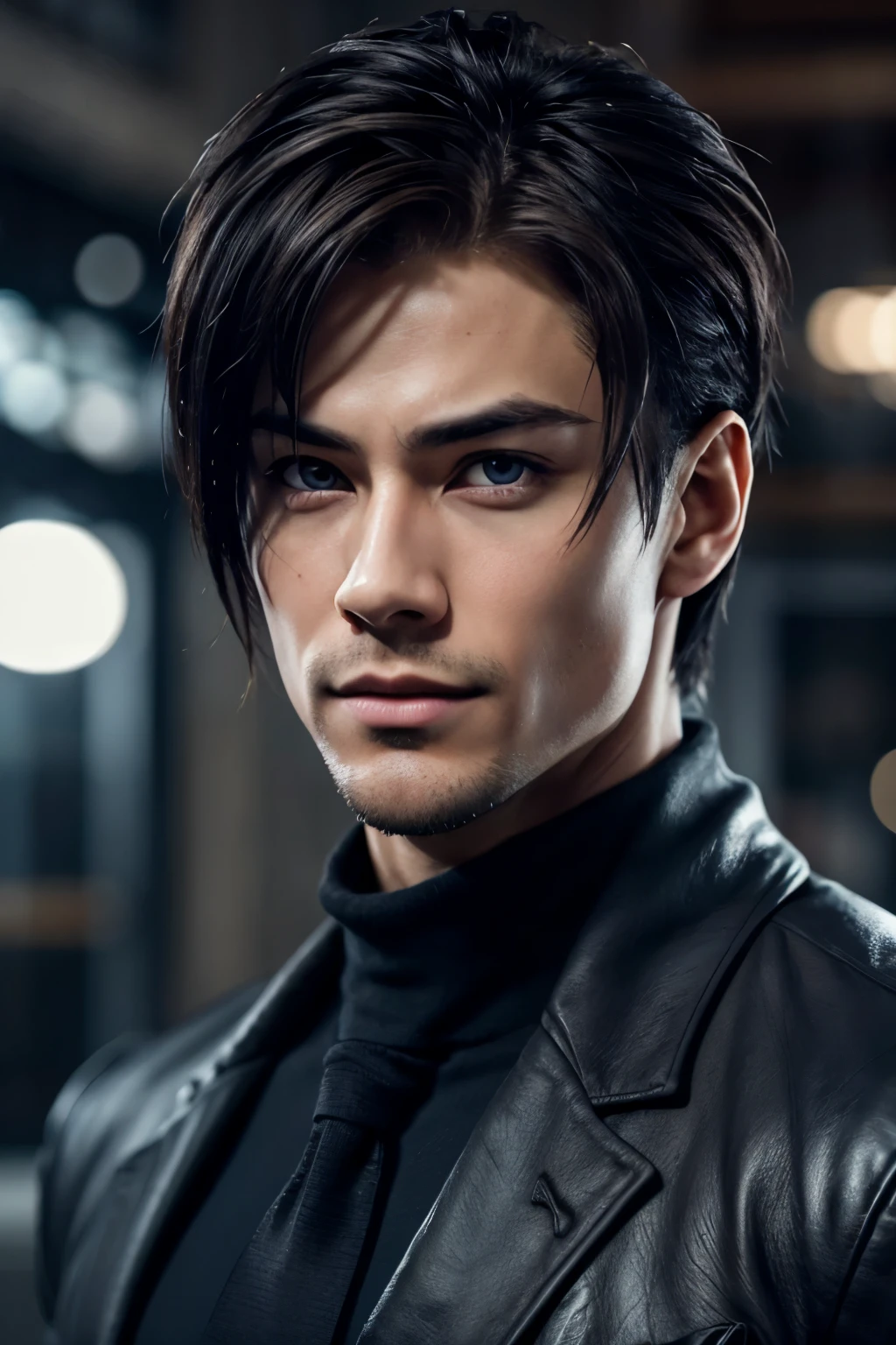 a 25 year old man, detailed portrait, highly realistic, photorealistic, sharp focus, extreme fine details, chiseled jawline, piercing blue eyes, masculine facial features, short brown hair, subtle smile, wearing a dark grey suit, indoors setting, warm lighting, cinematic composition, elegant, sophisticated, kusanagi Kyo, Kusanagi Kyo from KoF 2002