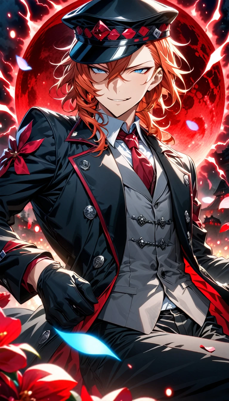 Ultra detailed, highres, absurdres, HDR, master piece, Nakahara Chuuya, orange hair, expressive blue eyes, Bungou Stray Dogs, fantasy, petals, red flowers, handsome, sexy man, solo, magic, shining red fireflies, red moon, best quality, extremely detailed face and eyes, red lightning, black coat, grey vest, black gloves, black hat, black pants, smirking