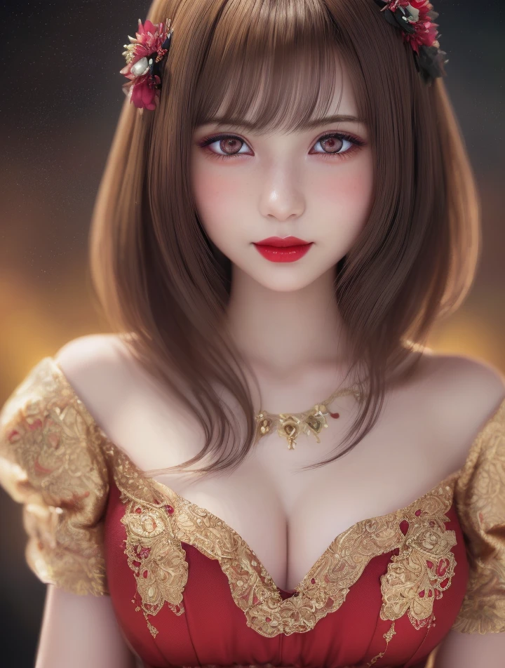 A beautiful young Japanese anime girl, medium length hair, direct gaze, warm smile, slight blush, red lips, beautiful big detailed eyes and lips, extremely detailed facial features, long eyelashes, 1 girl, illustration, oil painting, 3D rendering, photography, detailed background, intricate clothing details, soft natural lighting, warm color palette, dramatic chiaroscuro, cinematic framing, digital art, (best quality,4k,8k,highres,masterpiece:1.2),ultra-detailed,(realistic,photorealistic,photo-realistic:1.37),glamorous anime, colorful dress
