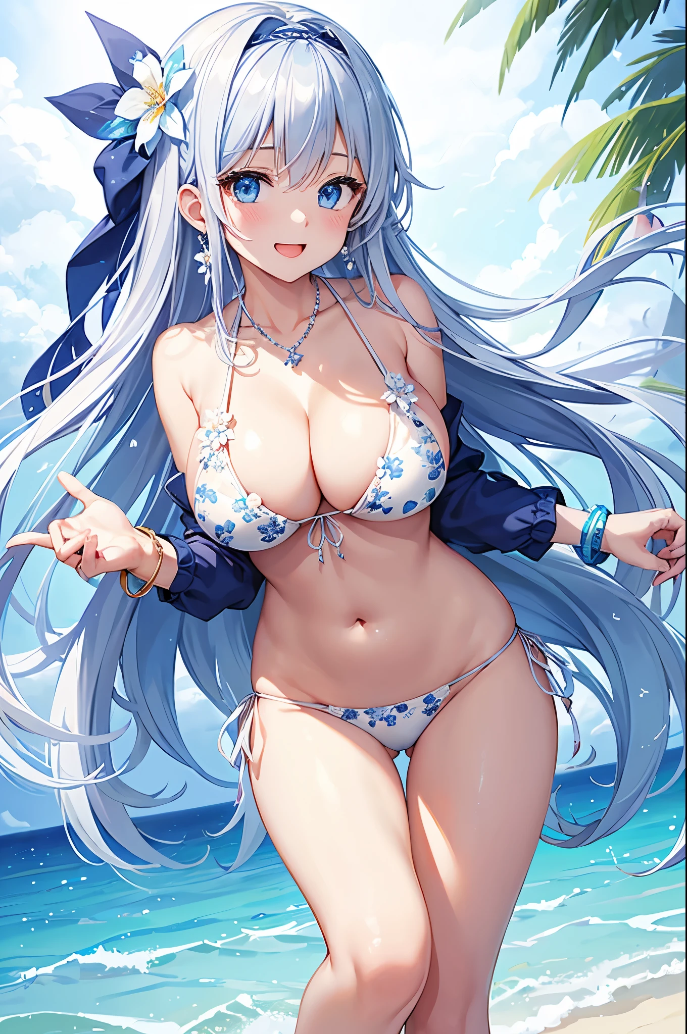 highest quality、highest quality、masterpiece、beautiful girl、Navy blue long hair、blue eyes、(Sexy white floral bikini:1.3)、Big cleavage、(Big Breasts)、smile、blue necklace、Blue Earrings、background(Beach)、Please open your mouth wide、White headband、bracelet、Dynamic pose