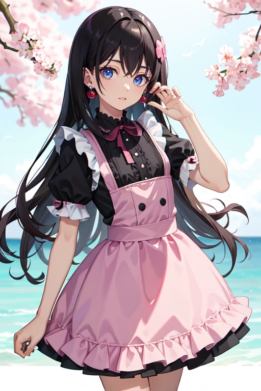 Man with feminine features、Cute girl、smile、shirt、blouse、skirt、pink maid costume、(small breasts)、flat chest、black eyes, black hair, smiling