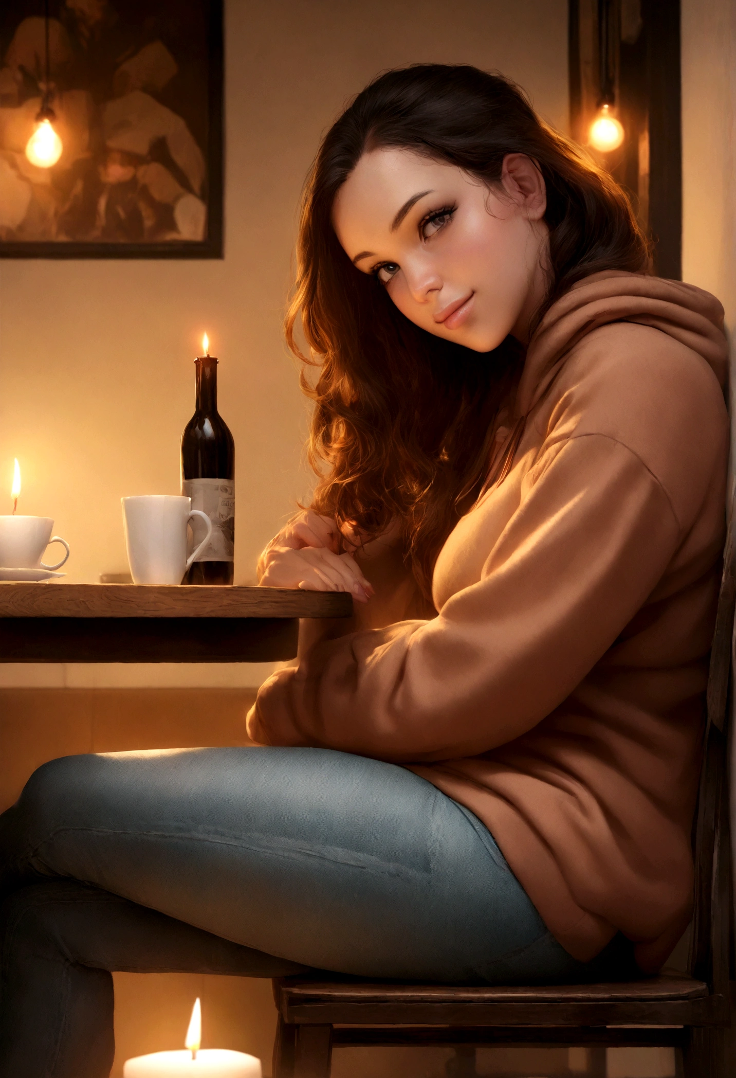 1girl, photorealistic, realistic, masterpiece, shoulder-length hair, (ugly:1.3), Caucasian woman, Turks nose, Turks hair, Turks face, Caucasian, Turks skin, Turks Lips, Turks eyes, Turks forehead, 25 years old, medium sized ,smiling, POSE: SITTING ON A CHAIR, wearing Patchwork Oversized Hoodie + Distressed High-Rise Jeans, pose: standing , background: As evening falls, the coffee shop transforms into a cozy nook with dimmed lights and candles on the tables. The rich scent of coffee blends with hints of vanilla and cinnamon. Friends gather for a casual evening, their laughter and stories filling the space, while a guitarist strums softly in the corner.