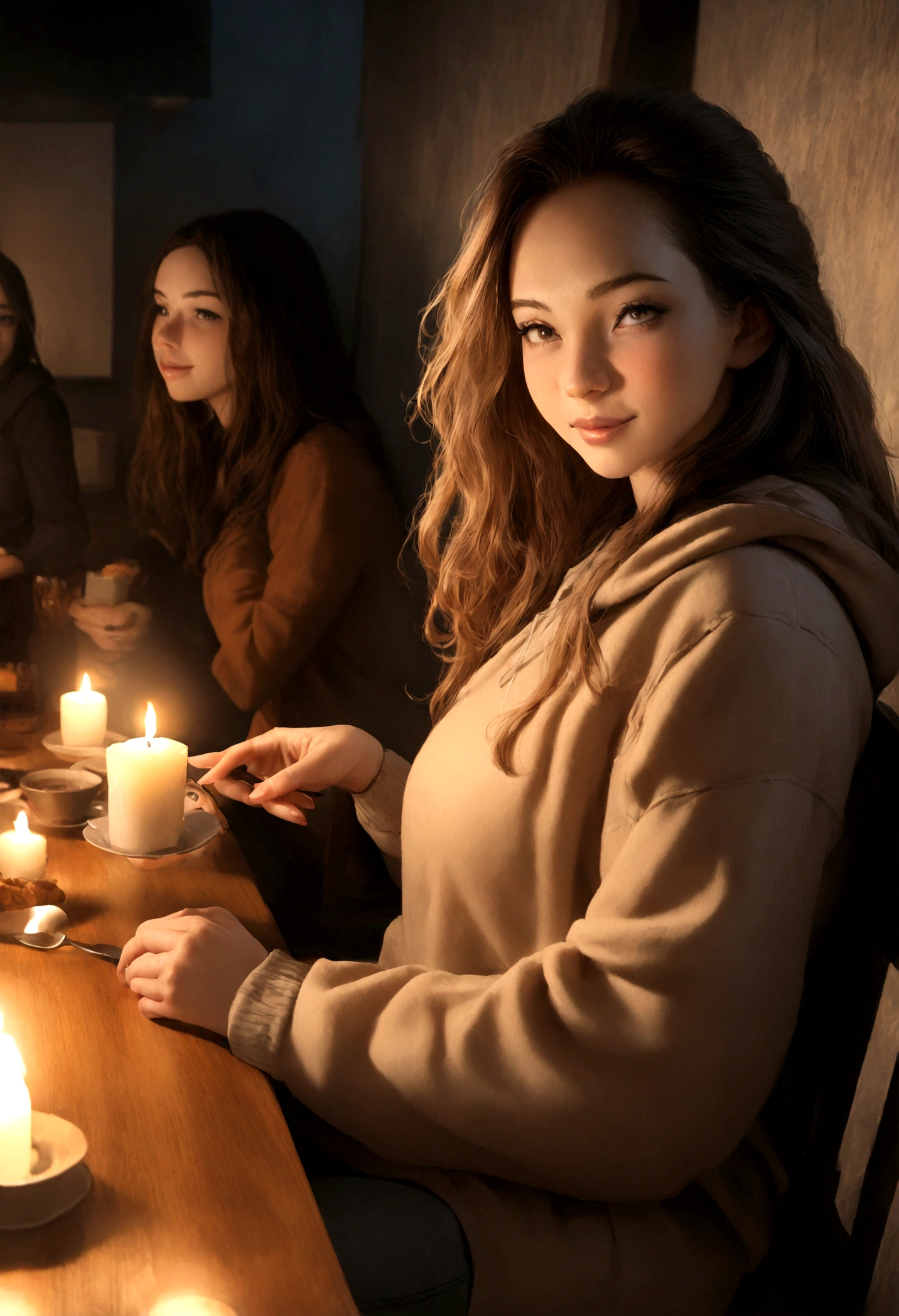 1girl, photorealistic, realistic, masterpiece, shoulder-length hair, (ugly:1.3), Caucasian woman, Turks nose, Turks hair, Turks face, Caucasian, Turks skin, Turks Lips, Turks eyes, Turks forehead, 25 years old, medium sized ,smiling, POSE: SITTING ON A CHAIR, wearing Patchwork Oversized Hoodie + Distressed High-Rise Jeans, pose: standing , background: As evening falls, the coffee shop transforms into a cozy nook with dimmed lights and candles on the tables. The rich scent of coffee blends with hints of vanilla and cinnamon. Friends gather for a casual evening, their laughter and stories filling the space, while a guitarist strums softly in the corner.