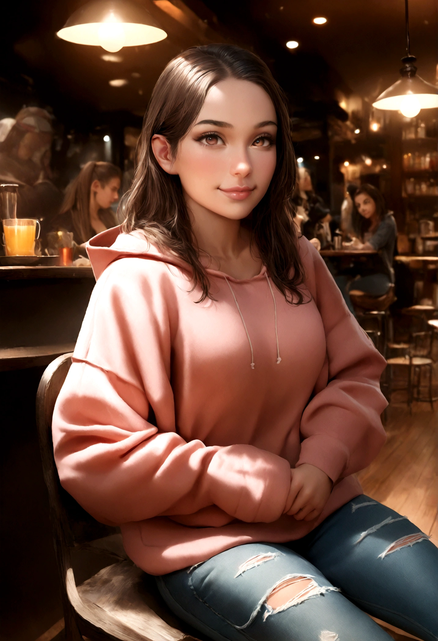1girl, photorealistic, realistic, masterpiece, shoulder-length hair, (ugly:1.3), Caucasian woman, Turks nose, Turks hair, Turks face, Caucasian, Turks skin, Turks Lips, Turks eyes, Turks forehead, 25 years old, medium sized ,smiling, POSE: SITTING ON A CHAIR, wearing Patchwork Oversized Hoodie + Distressed High-Rise Jeans, pose: standing , background: As evening falls, the coffee shop transforms into a cozy nook with dimmed lights and candles on the tables. The rich scent of coffee blends with hints of vanilla and cinnamon. Friends gather for a casual evening, their laughter and stories filling the space, while a guitarist strums softly in the corner.