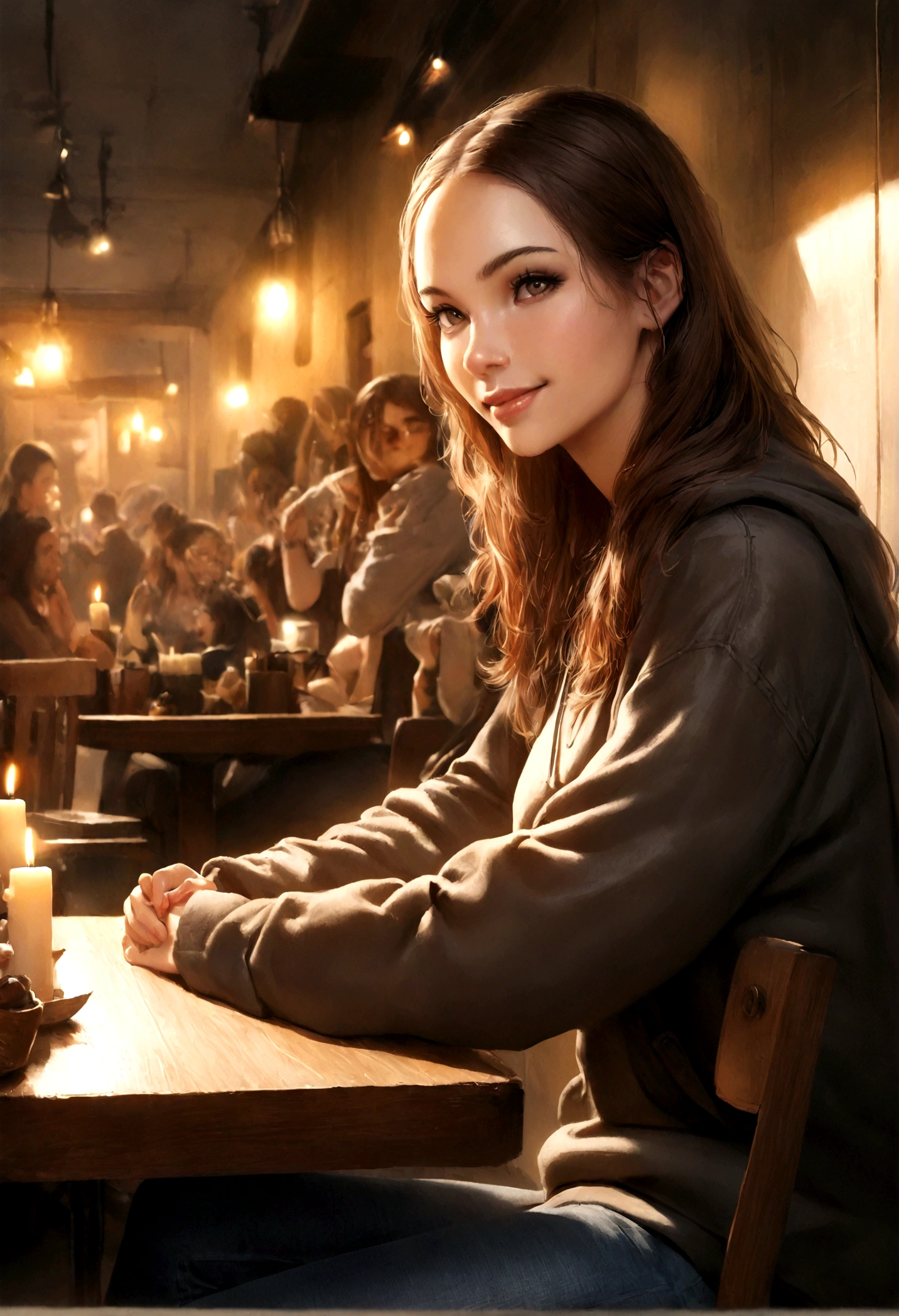 1girl, photorealistic, realistic, masterpiece, shoulder-length hair, (ugly:1.3), Caucasian woman, Turks nose, Turks hair, Turks face, Caucasian, Turks skin, Turks Lips, Turks eyes, Turks forehead, 25 years old, medium sized ,smiling, POSE: SITTING ON A CHAIR, wearing Patchwork Oversized Hoodie + Distressed High-Rise Jeans, pose: standing , background: As evening falls, the coffee shop transforms into a cozy nook with dimmed lights and candles on the tables. The rich scent of coffee blends with hints of vanilla and cinnamon. Friends gather for a casual evening, their laughter and stories filling the space, while a guitarist strums softly in the corner.
