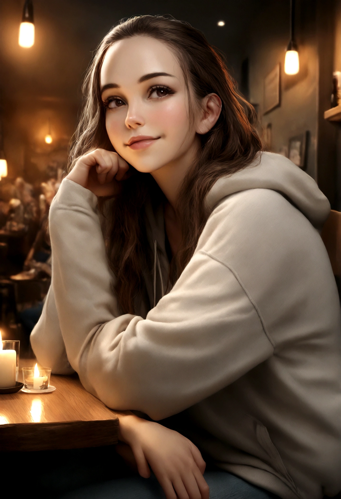 1girl, photorealistic, realistic, masterpiece, shoulder-length hair, (ugly:1.3), Caucasian woman, Turks nose, Turks hair, Turks face, Caucasian, Turks skin, Turks Lips, Turks eyes, Turks forehead, 25 years old, medium sized ,smiling, POSE: SITTING ON A CHAIR, wearing Patchwork Oversized Hoodie + Distressed High-Rise Jeans, pose: standing , background: As evening falls, the coffee shop transforms into a cozy nook with dimmed lights and candles on the tables. The rich scent of coffee blends with hints of vanilla and cinnamon. Friends gather for a casual evening, their laughter and stories filling the space, while a guitarist strums softly in the corner.
