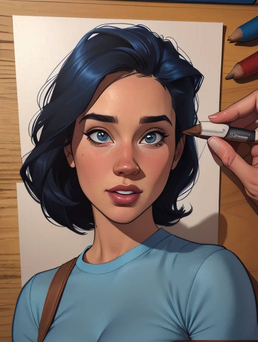 estilo de desenho animado:1.2), Jennifer Connelly muuma imagem de desenho animado de uma mulher com uma blusa azul e cabelo castanho, retrato de personagem em close, retrato detalhado do personagem, personagem altamente detalhado, 🤤 retrato de , retrato de arte de personagem, estilo de arte realista, DeviantArt Artstation CGScosiety, realistic digital illustration, epic portrait illustration, retrato feminino realista, arte digital do personagem, pintura digital de personagens, personagem altamente detalhado design