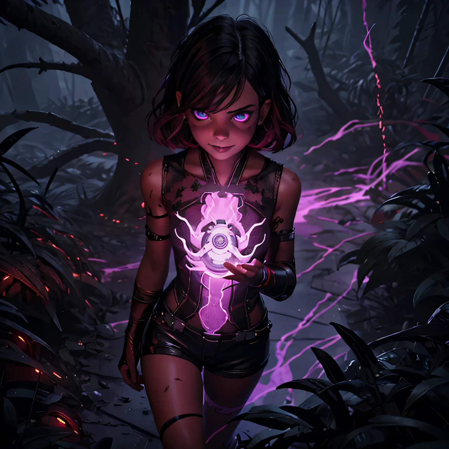  8k, ultra detailed, soft lighting, cartoon, best quality, trending on artstation,nice art,perfect art,nice detailed art,nice detailed body,nice detailed face,best quality, 8k, best quality, ultra-detailed , 8K, HD, a 13 years old teenage girl.There was a  standing in a darkwood,Horror ,looking the camera,atmospheric cinematic lighting,violet bright eyes,cinematic Red lighting, [ horror game ], Scary cinematic lighting, Atmospheric, atmospheric artwork, Sinister dark aura, sistem virus horror, detailed 4k horror artwork,
full body,red short hair,dark forest background,scar face,smile,creepy,fantasy art 8k,masterpiece,score_9,score_8,score_7,score_8_up,score_7_up,score_6_up,cartoon, best quality, trending on artstation,sinister,lurid,wraith,scarlet witch,Little kid girl, wearing black-and-red, mummy-like tattered,, with ancient markings,  (glowing violet eyes), high detail, dramatic,,lurid,necromace,all wraith control