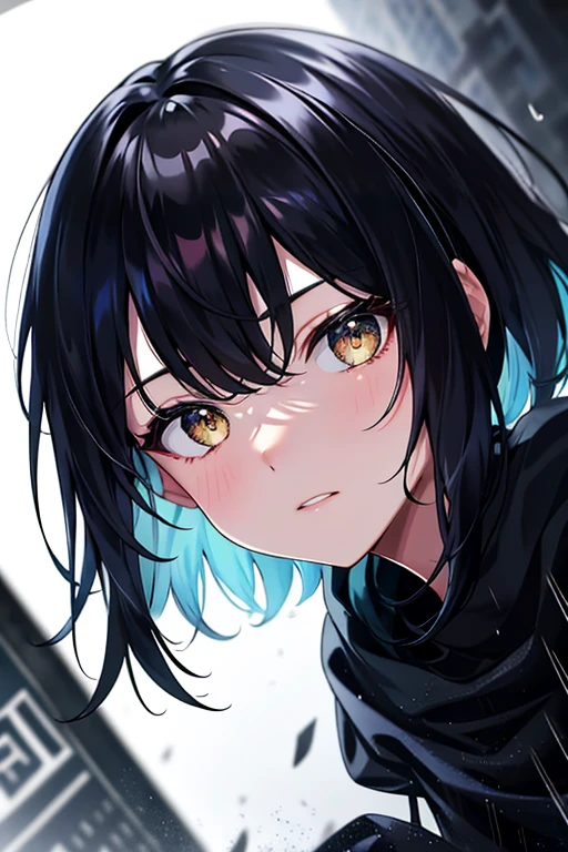 Walking out of the bomb pile, kk, best quality, more details, masterpiece, 1woman, portrait, female focus, yelow eyes, black hair, solo, bangs, looking at viewer, Black shirt, short hair, rain, tokyo tokyo \(city\), hood up, nail polish, white hair, luxurious, 8k, detailed, ray tracing, depth of field, cinematic lighting, ((Bust up,Face looking down,low angles,Looking at the camera))