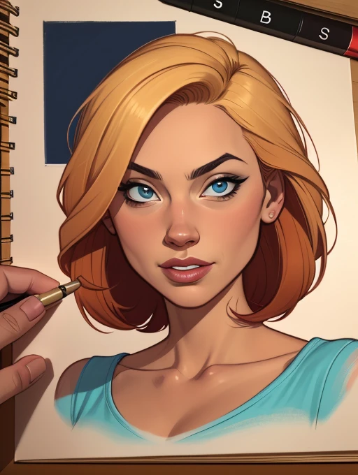 estilo de desenho animado:1.2), Yvonne Strahovski uma imagem de desenho animado de uma mulher com uma blusa azul e cabelo castanho, retrato de personagem em close, retrato detalhado do personagem, personagem altamente detalhado, 🤤 retrato de , retrato de arte de personagem, estilo de arte realista, DeviantArt Artstation CGScosiety, realistic digital illustration, epic portrait illustration, retrato feminino realista, arte digital do personagem, pintura digital de personagens, personagem altamente detalhado design