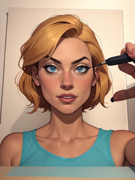 estilo de desenho animado:1.2), Yvonne Strahovski uma imagem de desenho animado de uma mulher com uma blusa azul e cabelo castanho, retrato de personagem em close, retrato detalhado do personagem, personagem altamente detalhado, 🤤 retrato de , retrato de arte de personagem, estilo de arte realista, DeviantArt Artstation CGScosiety, realistic digital illustration, epic portrait illustration, retrato feminino realista, arte digital do personagem, pintura digital de personagens, personagem altamente detalhado design