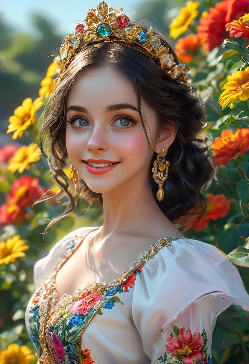 best quality, masterpiece,white hair, gold eyes,white clothes, looking up, upper body,hair strand,Fair skin,side braids Large chest,. Adorable, mature Woman,detailed big-eyed woman, round face. promenent red lips. Smileing,In the garden, large ass, wearing a cute floral sun dress. flower crown, Flower belt draped around waist. Picture from the side,looking at the scenes, intense colors, Very valuable details, complex details, volumetric lighting, digital art, 8k, trending on Artstation, Clear focus, complex details, highly detail, Greg Rutkowski Big Eyes, high-resolution, Black hair. Alison Brie., attractive chest, .Photorealistic. Confidence, self esteem, assertiveness, dominance. wide Amused smile. ecstastic expression.
