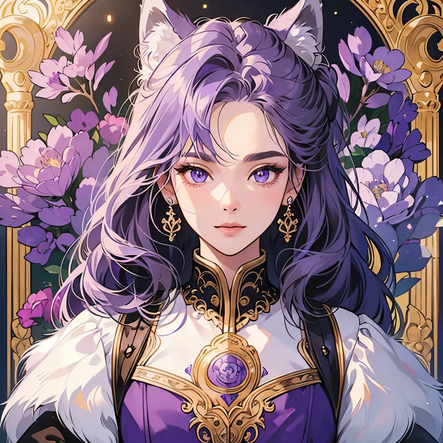 Best quality, 1 wolf, logo, background white only, emblem, 14k, intricate and detailed, frame, purple, (((1 woman and wolf))), detailed fur, sparkling eyes, corporate logo, golden, panoramic, long shot, front, purple flowers, Upper body, looking at viewer, Very detailed hair