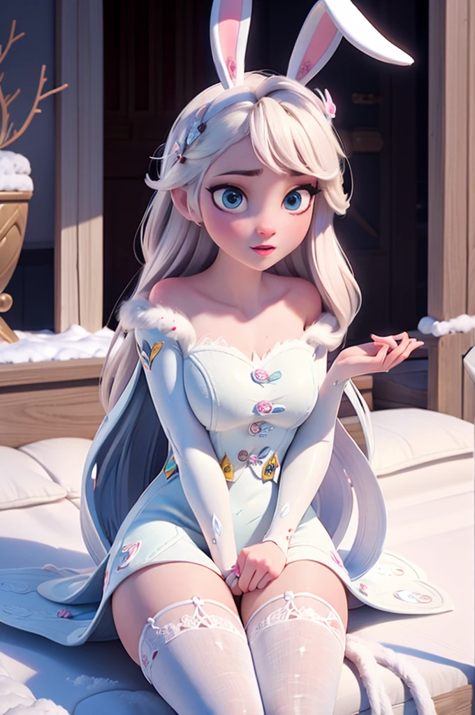1girl, long hair and bunny ears sitting on a bed, angelawhite, white stockings, ultrarealistic sweet bunny girl, very very kawaii, japanese goddess, the bunny has fur, smooth skin, with bunny ears, sitting on snow, perfect white haired girl, she is on snow,outside