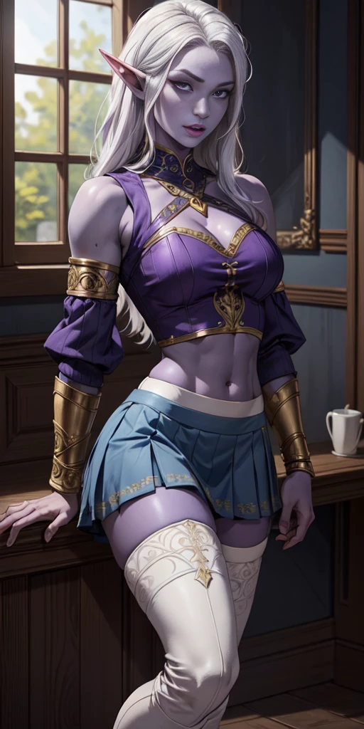 (masterpiece, best quality, 4k, detailed, intricate, realistic) female drow elf blue purple skin, whitish hair, gorget, crop top, armlet, vambraces, midriff, skirt, purple skirt, thigh boots, whitish eyes, whitish stockings and sleeves