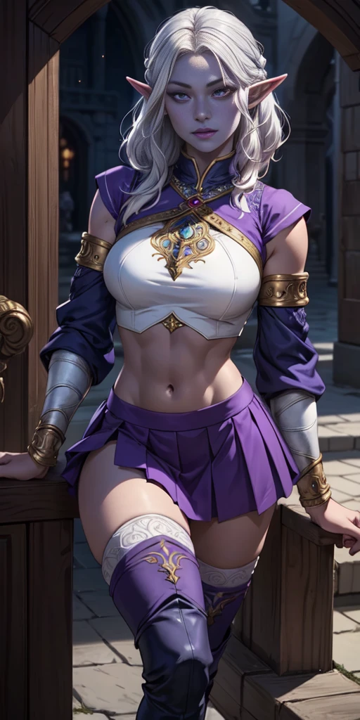 (masterpiece, best quality, 4k, detailed, intricate, realistic) female drow elf blue purple skin, whitish hair, gorget, crop top, armlet, vambraces, midriff, skirt, purple skirt, thigh boots, whitish eyes, whitish stockings and sleeves