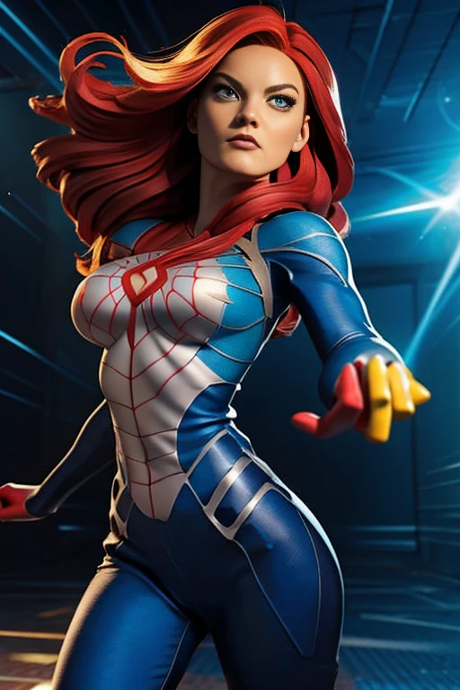 (Jean Grey), Xmen 97, a beautiful woman with long red hair, detailed face, piercing green eyes, wearing a blue and yellow costume, x-men 97 style, dynamic pose, muscular body, cosmic powers, dramatic lighting, cinematic composition, photorealistic, award winning digital art