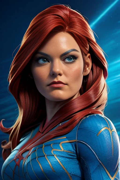 (Jean Grey), Xmen 97, a beautiful woman with long red hair, detailed face, piercing green eyes, wearing a blue and yellow costume, x-men 97 style, dynamic pose, muscular body, cosmic powers, dramatic lighting, cinematic composition, photorealistic, award winning digital art