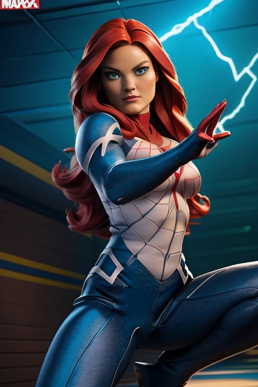 (Jean Grey), Xmen 97, a beautiful woman with long red hair, detailed face, piercing green eyes, wearing a blue and yellow costume, x-men 97 style, dynamic pose, muscular body, cosmic powers, dramatic lighting, cinematic composition, photorealistic, award winning digital art