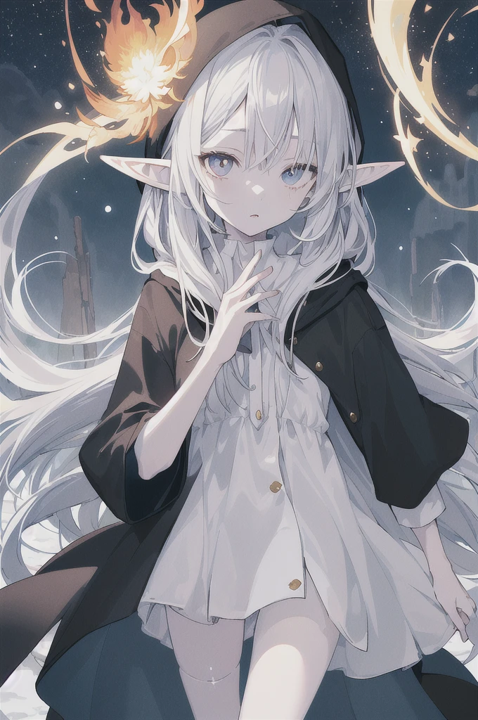 (masterpiece、top-quality、illustratio、Extremely high quality、high-level image quality、Extremely sensitive writing)high resolution,(incredibly absurdres), (hires.fix:1.3),anime visual,extremely detailed CG unity 8k wallpaper, ((masterpiece)), ((top-quality)), (beautiful illustration), ((an extremely delicate and beautiful)) , 1 girl, solo, eleven years old, pine forest covered with snow, night sky, fireflies, She has pale and smooth skin, she has long black hair that floats and small wave, She has a right eye with a white pupil and a left eye with a black pupil, Her eyes are always tired and drooping, and there are dark circles under her eyes, she has long elf ears, She wears a black hooded cloak